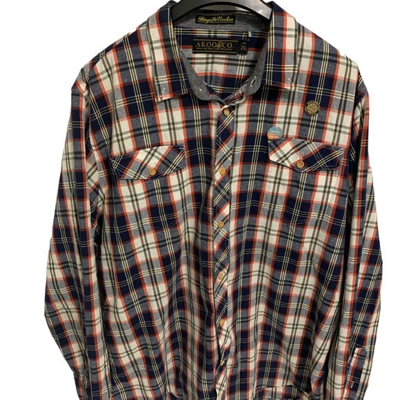 Akoo & Co Mens 2XL Shirt Button Front Plaid Chest Pocket Blue Orange - Picture 1 of 6